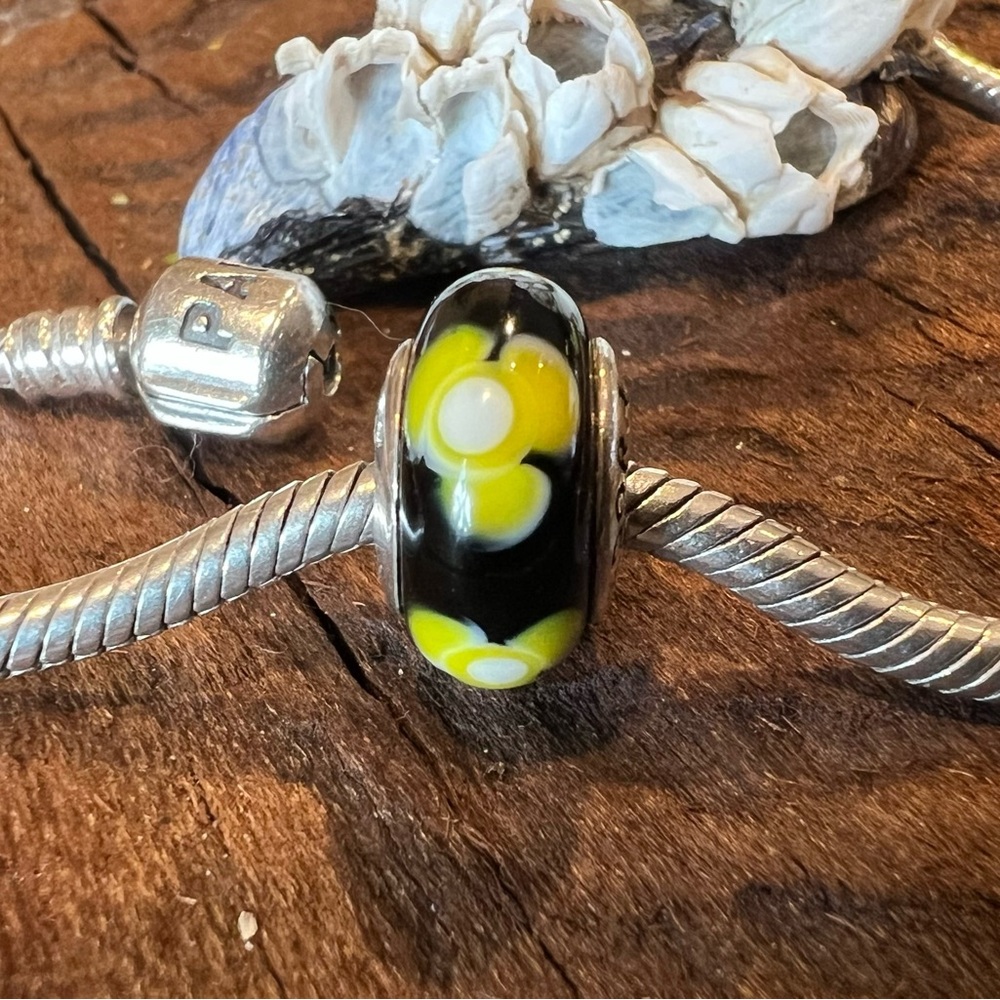 Authentic Pandora Murano Flowers For You Black Bead Yellow Murano Garden Summer